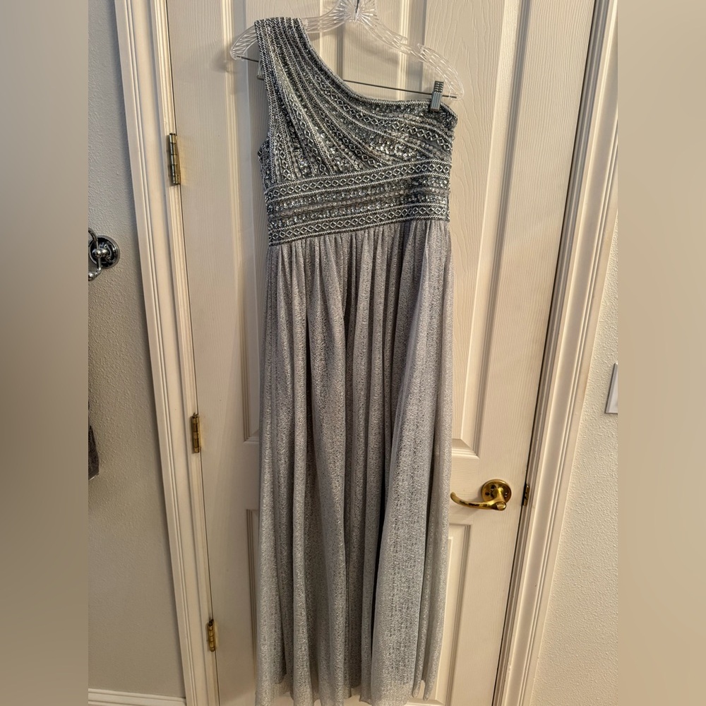 Adrianna Papell Silver Blue Beaded Evening Dress